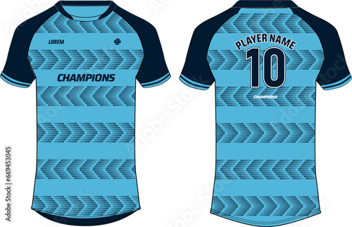 Sports jersey t shirt design flat sketch illustration, Abstract Stripe pattern Raglan Round neck tees football jersey concept with front and back view for Cricket, soccer, Volleyball, Rugby uniform