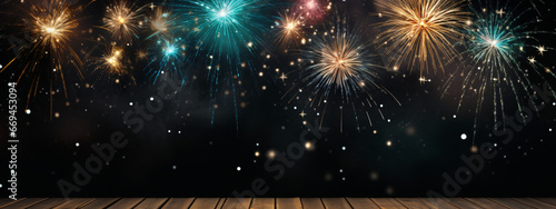 Silvester 2024 party New year Fireworks Firework background banner panorama long - sparklers and bokeh lights on rustic black wooden texture, with space for text
