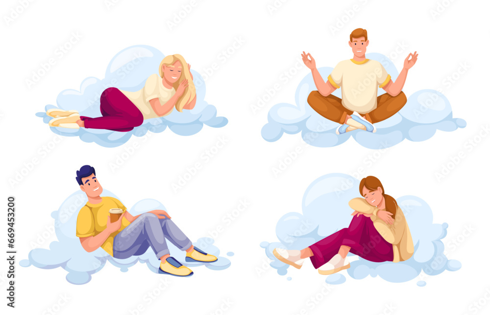 People relax, dream on clouds in sky set vector illustration. Cartoon isolated happy man and woman in casual clothes lying on clouds, drinking coffee and resting, sleeping and sitting in yoga pose People relax, dream on clouds in sky set vector illustration. Cartoon isolated happy man and woman in casual clothes lying on clouds, drinking coffee and resting, sleeping and sitting in yoga pose