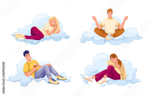 People relax, dream on clouds in sky set vector illustration. Cartoon isolated happy man and woman in casual clothes lying on clouds, drinking coffee and resting, sleeping and sitting in yoga pose
