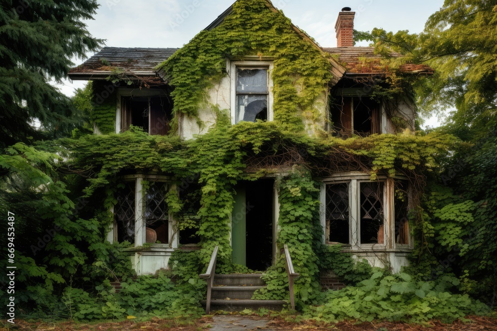 Exterior of an abandoned house, vines crawling up the walls and windows. Exterior of an abandoned house, vines crawling up the walls and windows.