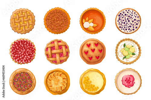 Sweet pies set vector illustration. Cartoon isolated top view of different baked delicatessen cakes for eating, homemade pastry or restaurant menu collection of whole shortcrust pie for dessert