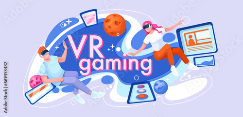 VR gaming banner vector illustration. Cartoon man and woman gamers in VR glasses play video games online, people flying in metaverse to enjoy cyber visual experience and digital world of future