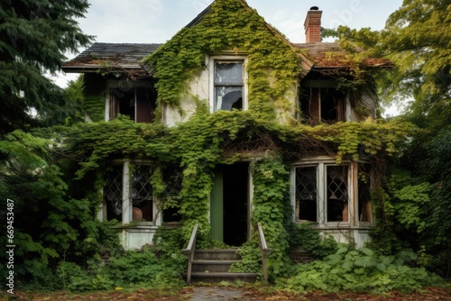 Exterior of an abandoned house, vines crawling up the walls and windows.