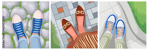 Top view of legs on stone pavement set vector illustration. Cartoon selfie from above of feet in shoes, canvas gumshoes and sneakers, legs of people standing, walking along city park road or street