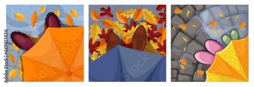 Top view of legs in autumn shoes and with umbrella set vector illustration. Cartoon autumn overhead scene of rainy day, man, woman and family walking on road with rain puddles and autumn leaves