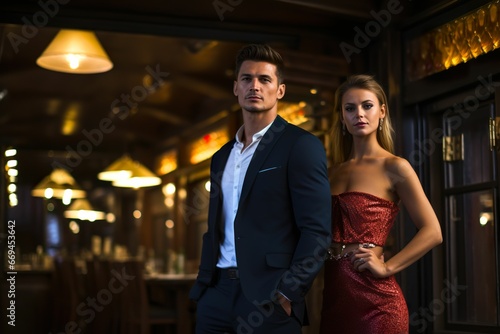 Young male and female models standing in front of the bar in a bar, bar advertising, bar event promotion, party invitation