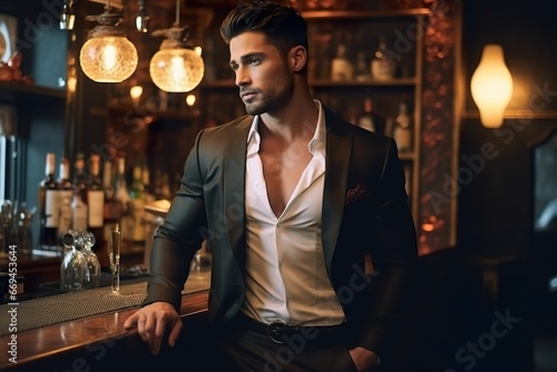 Young male model standing in front of the bar in a bar, bar advertising, bar event promotion, party invitation photo