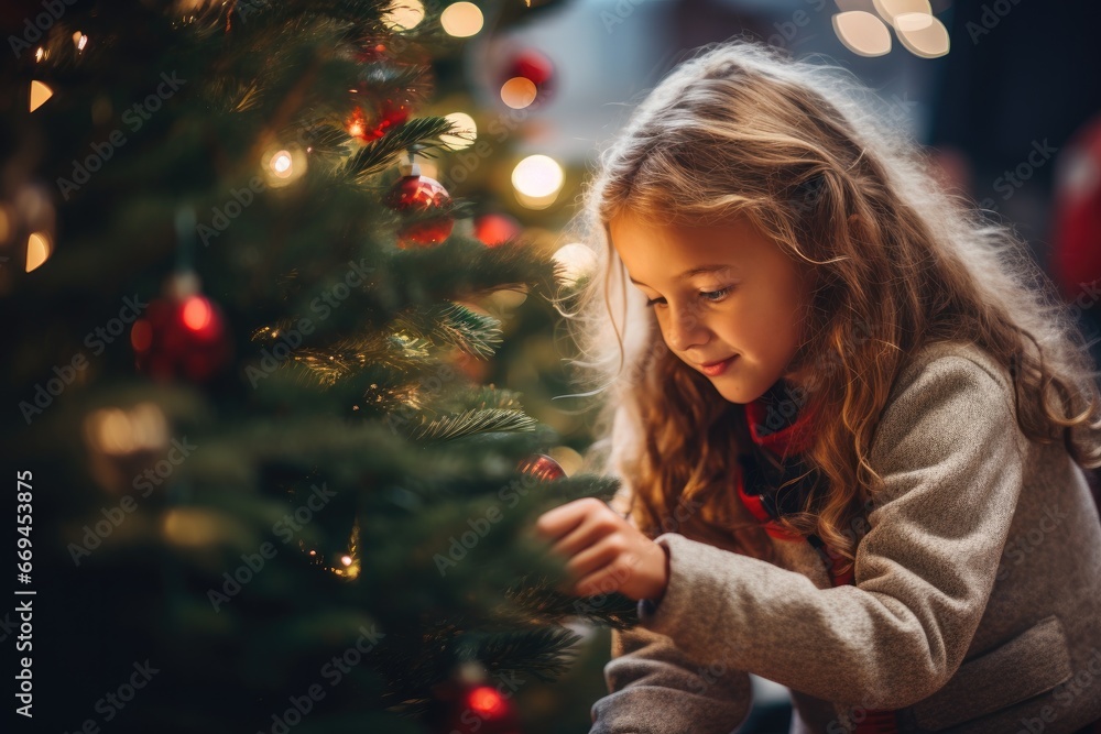 girl decorating Christmas tree girl decorating Christmas tree