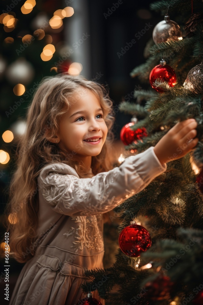 little girl decorating christmas tree at home little girl decorating christmas tree at home