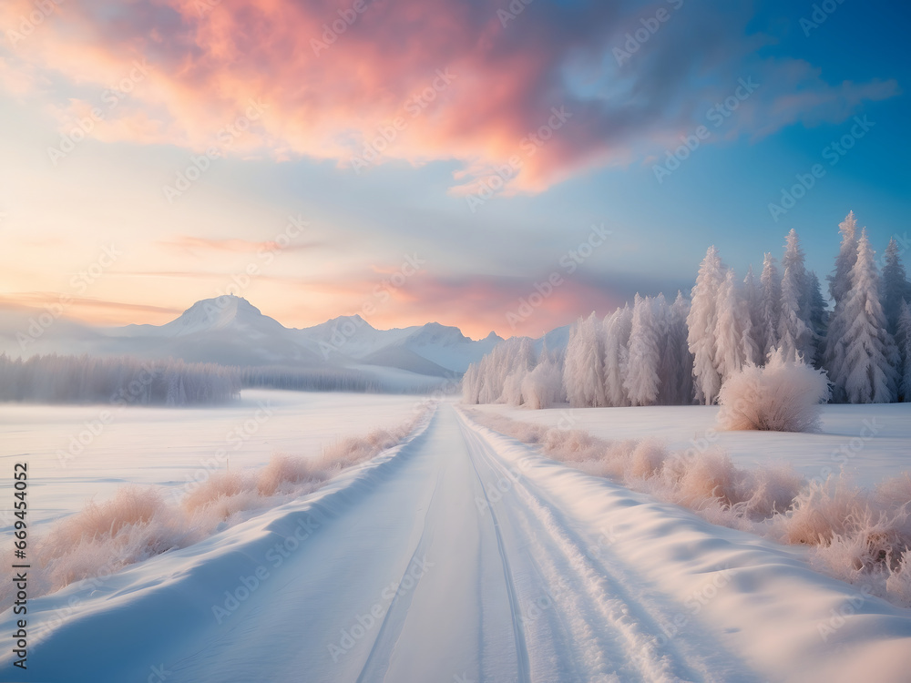 A mesmerizing winter road captured through photography, evoking the ethereal beauty of a snow-covered landscape.