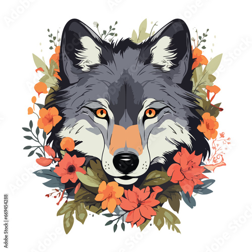 Cute wolf head in flowers
