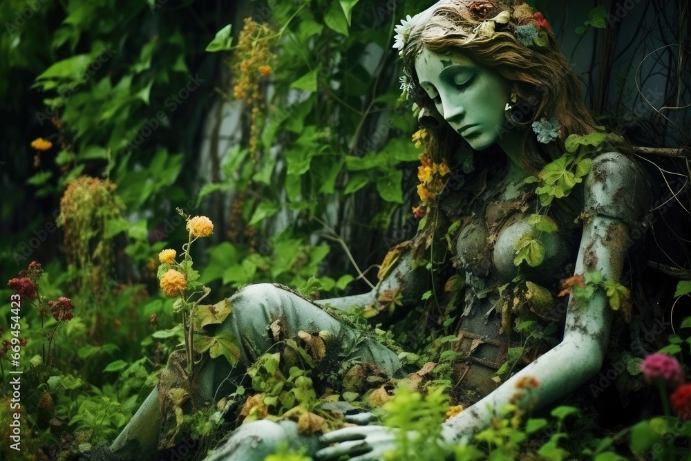An overgrown garden with weeds, wildflowers, and cracked statues.