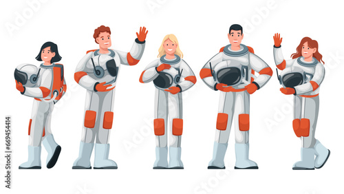Astronauts standing with helmets set vector illustration. Cartoon isolated happy man and woman in costumes of spacecraft crew holding hand up, astronauts characters in spacesuits greeting and walking