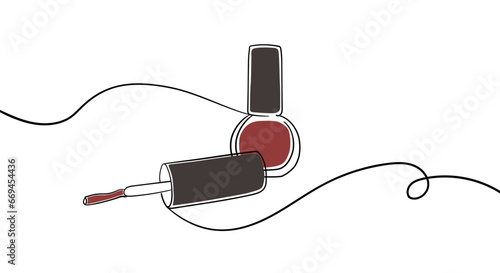 Red nail polish bottle one line art, continuous drawing contour. Hand drawn silhouette icon. Minimal design. Vector illustration	