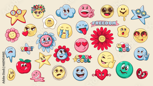 Groovy psychedelic emoji set vector illustration. Cartoon isolated retro happy or sad emoticons and stickers with crazy hippy font, emoji of flower and heart, star and apple character with trippy face