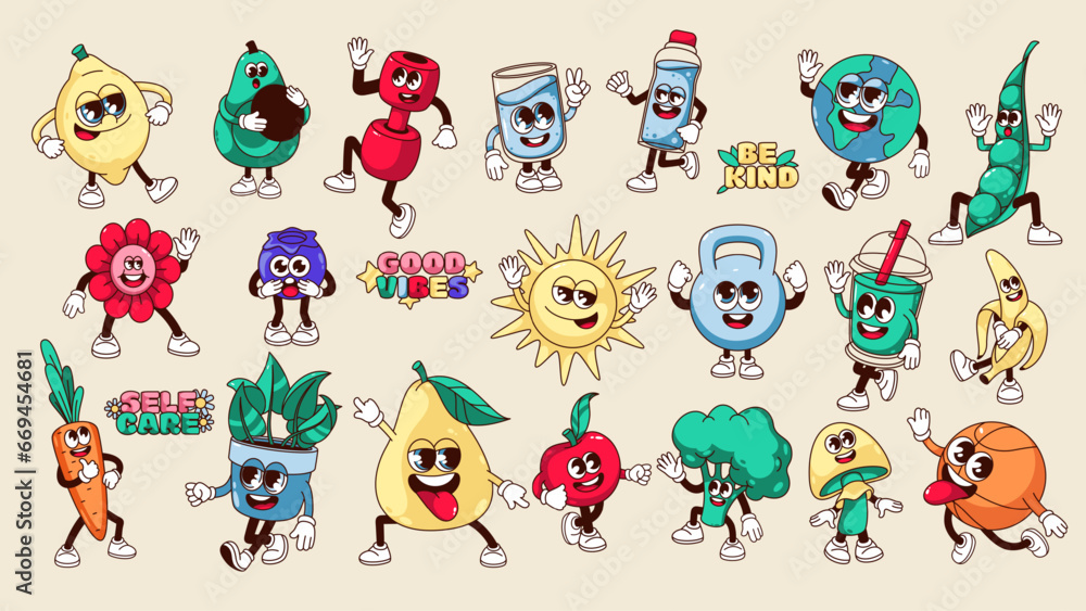 Groovy healthy lifestyle characters set vector illustration. Cartoon isolated retro emoji with funny faces, arms and legs, stickers of healthy food and sports gym equipment, motivation quotes