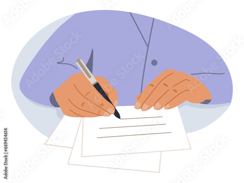 A businessman signs documents. The signature on a document, deal agreement papers, contract. A business man sitting at the table. A vector cartoon illustration.