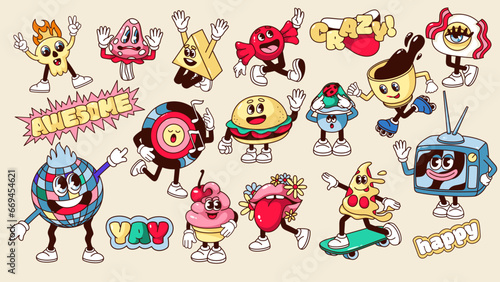 Groovy retro stickers set vector illustration. Cartoon isolated retro psychedelic characters on rave or hippie music party, collection of crazy fun dance emoji with funny faces, arms and legs