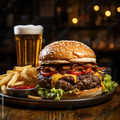 hamburger with a glass of cola and French fries
