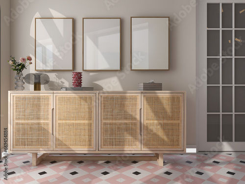 Three vertical frames mockup inside canework console. 3 empty white posters mock up with light and shadow retro interior. 3D illustration 