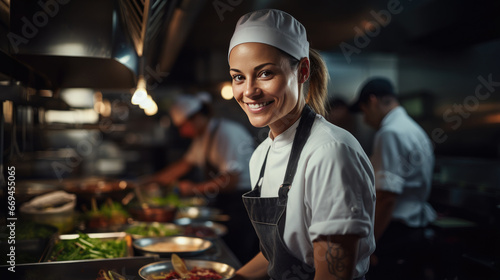 Beautiful female chef wearing white chef uniform and apron in kitchen, smiling at camera