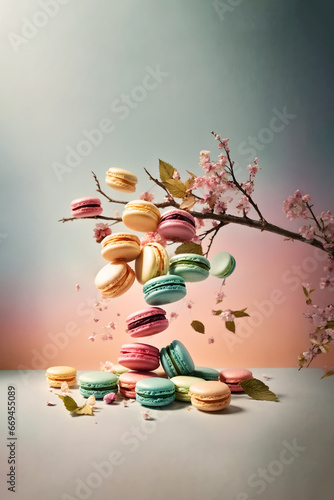 Colorful French macarons floating against pastel blue and pink background with cherry tree branch. Creative sweet confectionery concept.