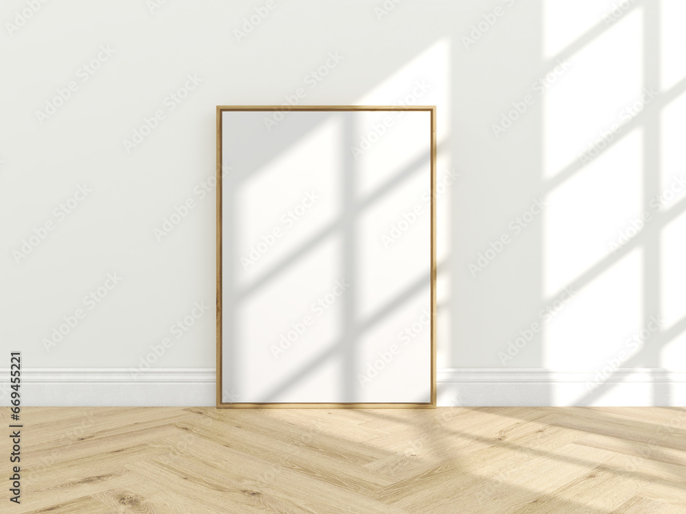 Vertical wooden frame mockup on wooden floor and white wall. Empty poster mockup close up with light and shadow. 3D illustration Vertical wooden frame mockup on wooden floor and white wall. Empty poster mockup close up with light and shadow. 3D illustration