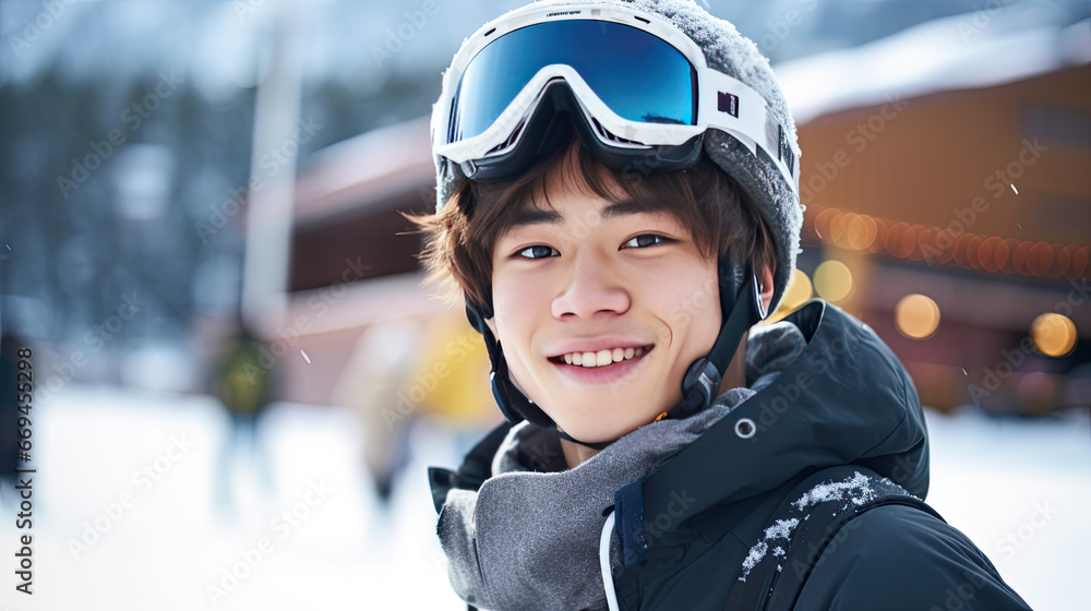 Attractive Asian man wearing ski goggles in ski resort. Attractive Asian man wearing ski goggles in ski resort.