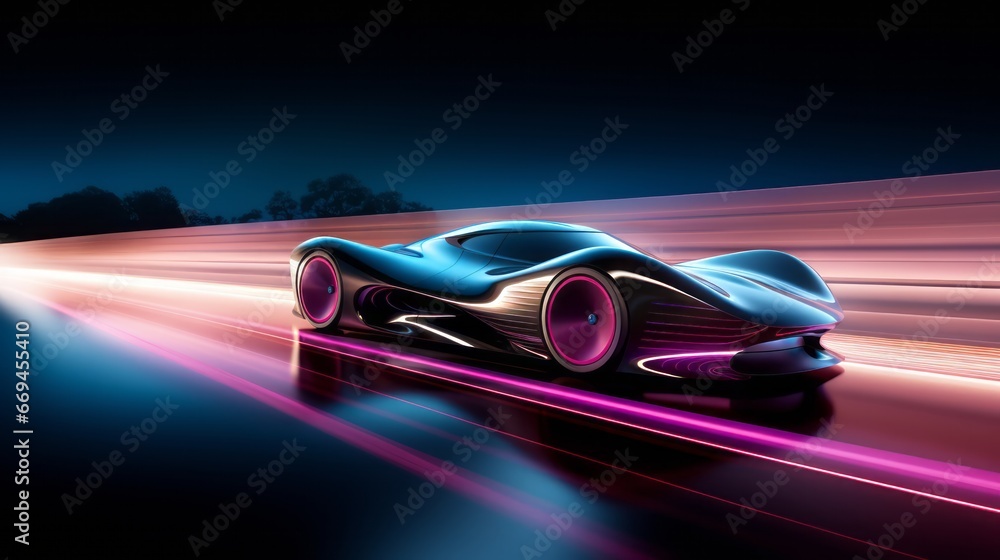 futuristic supercar rush: a sleek vehicle making its mark on an illuminated highway with vivid motion blur