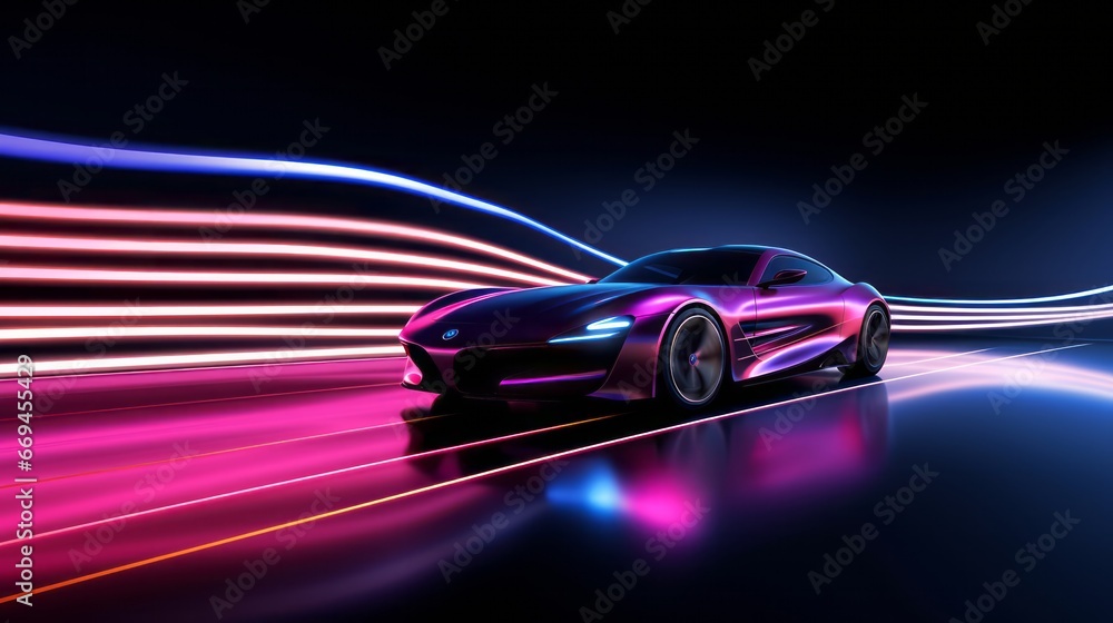 futuristic supercar rush: a sleek vehicle making its mark on an illuminated highway with vivid motion blur