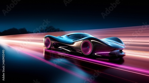 futuristic supercar rush: a sleek vehicle making its mark on an illuminated highway with vivid motion blur © Phanida