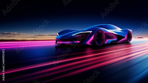 futuristic supercar rush: a sleek vehicle making its mark on an illuminated highway with vivid motion blur