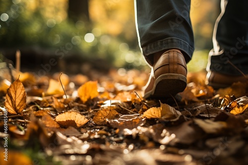 Herbstwanderung: Schuhe auf dem Pfad durch den Wald