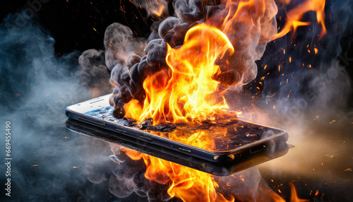 Burning smartphone exploding after overcharging battery with flames and smoke that destroy the melting smart phonewith flames and smoke that destroy the melting smart phone photo
