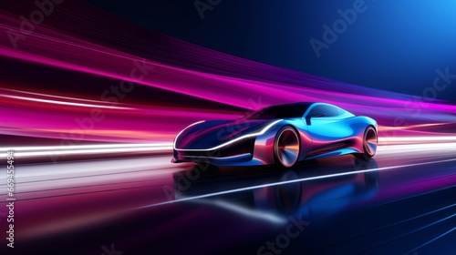 futuristic supercar rush: a sleek vehicle making its mark on an illuminated highway with vivid motion blur