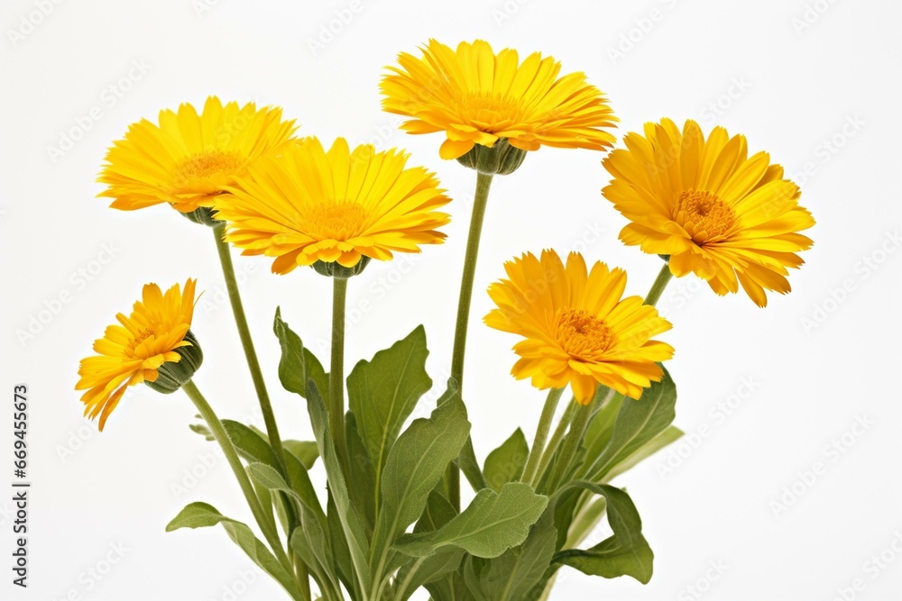 Isolated yellow calendula blooms on clear backdrop. Generative AI