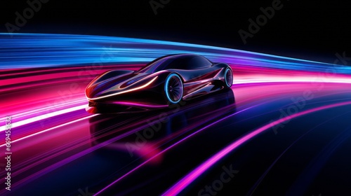 futuristic supercar rush: a sleek vehicle making its mark on an illuminated highway with vivid motion blur © Phanida