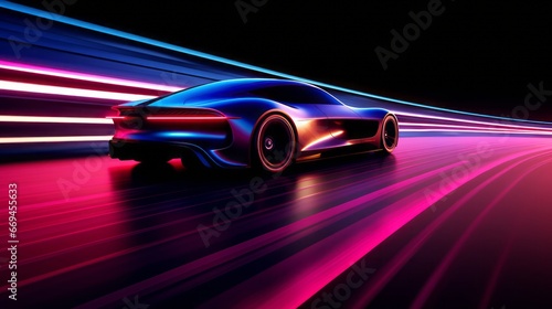 futuristic supercar rush: a sleek vehicle making its mark on an illuminated highway with vivid motion blur