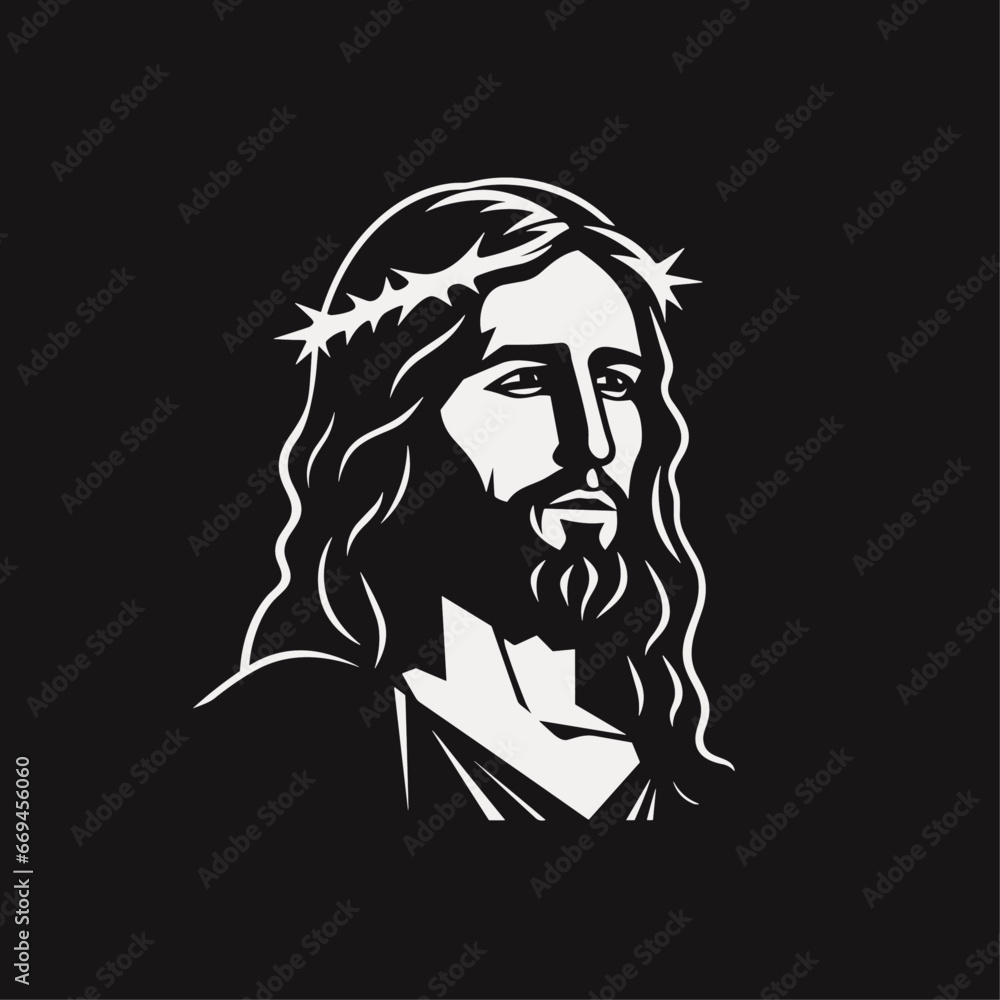 Vector illustration of Jesus Christ, Son of God, in a crown of thorns suitable for logo, sign, tattoo, sticker and other print on demand Vector illustration of Jesus Christ, Son of God, in a crown of thorns suitable for logo, sign, tattoo, sticker and other print on demand
