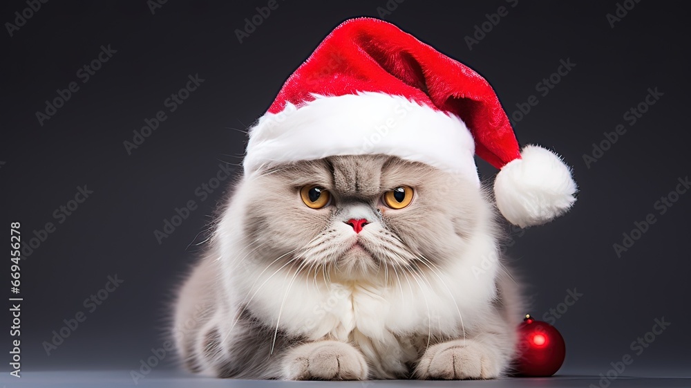 Closeup of cat lying down with Santa hat isolated on dark gray background Closeup of cat lying down with Santa hat isolated on dark gray background