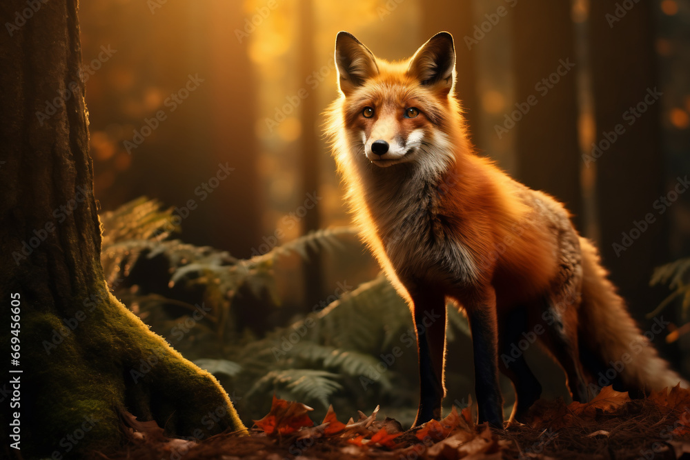 Naklejka premium Red fox in the autumn forest. Beautiful nature scene with wild animal. AI Generative.