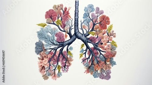 Human lungs with flower and leaves. Environmental nature eco air pollution concept. Lung respiratory chest organ. Health care, disease, cancer, pneumonia, asthma, pulmonary, world no tobacco day, stop #669456647