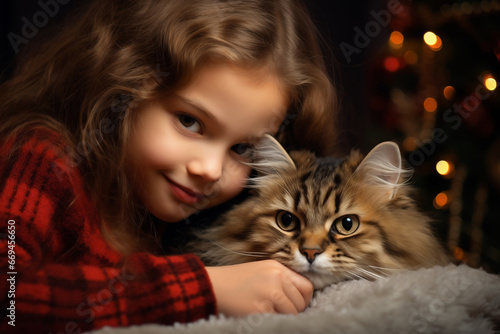 Cute little girl with long hair and cat on Christmas background. AI Generative