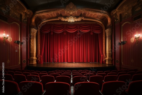 A theater's vintage decor featuring deep red velvet curtains and elegant interior. Generative AI
