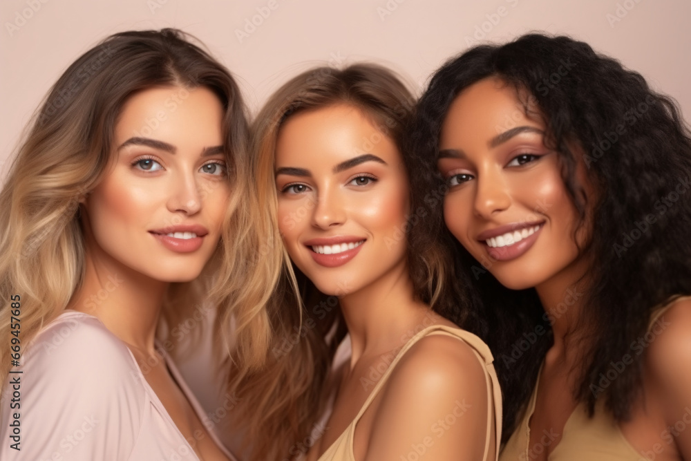 Smiling multi-ethnic fit girls, three models of happy and diverse young women in conjoined tops on beige background, group yoga fitness workouts. Portrait. AI generated. Smiling multi-ethnic fit girls, three models of happy and diverse young women in conjoined tops on beige background, group yoga fitness workouts. Portrait. AI generated.