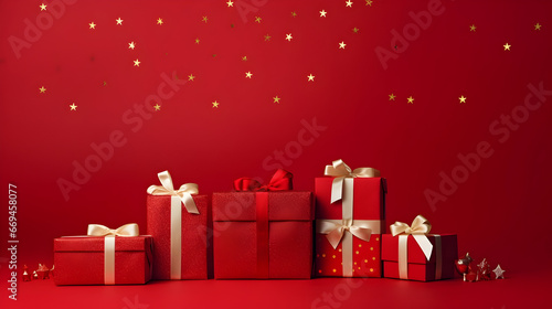 Christmas gifts with red ribbons, golden stars and decorations in a row on red abstract background.
