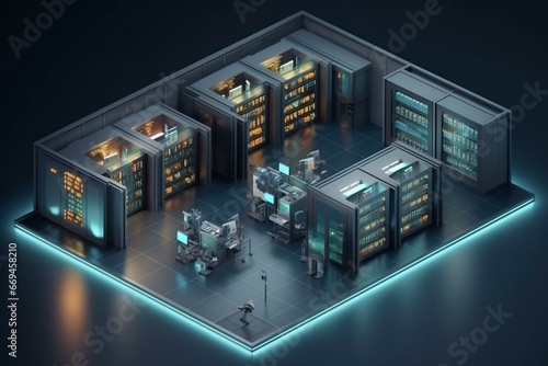 Isometric office and server room with rows of operational server racks, 3D rendering. Generative AI