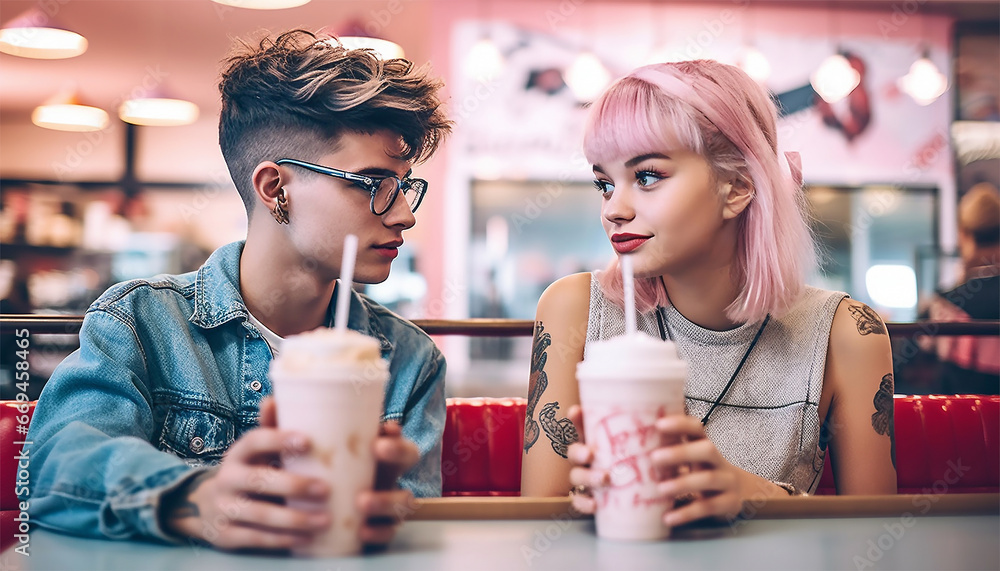 Young romantic hipster couple drinking pink milkshake in retro diner. American fast food diner, Vintage 80s 70s design. Pink Restaurant - obrazy, fototapety, plakaty 