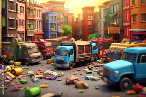 3D city illustration depicting garbage trucks for waste removal. Generative AI photo